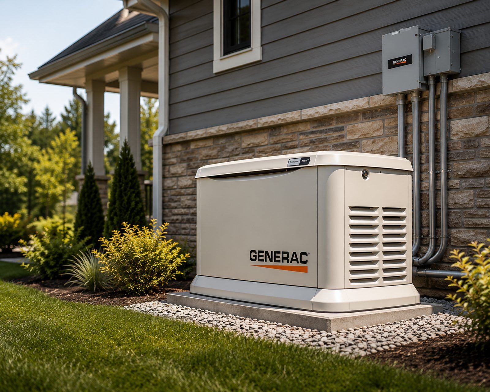 Standby generator installation beside a home