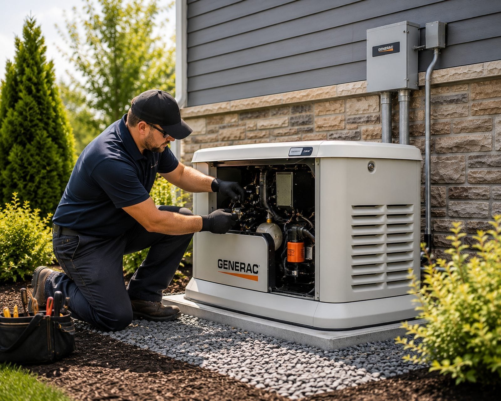 Technician servicing a residential standby generator